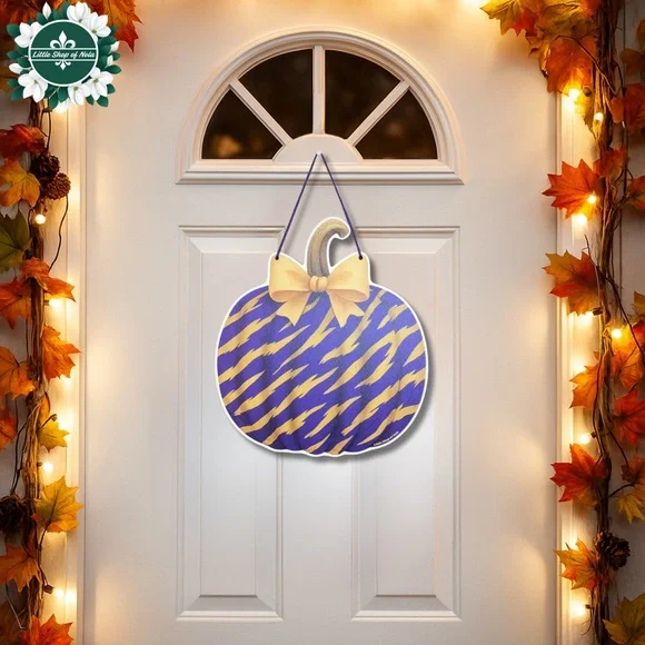 Purple Gold Tiger Stripes Pumpkin Louisiana Wall Art Decor Fall Door Hanger Sign - Picture 4 of 17